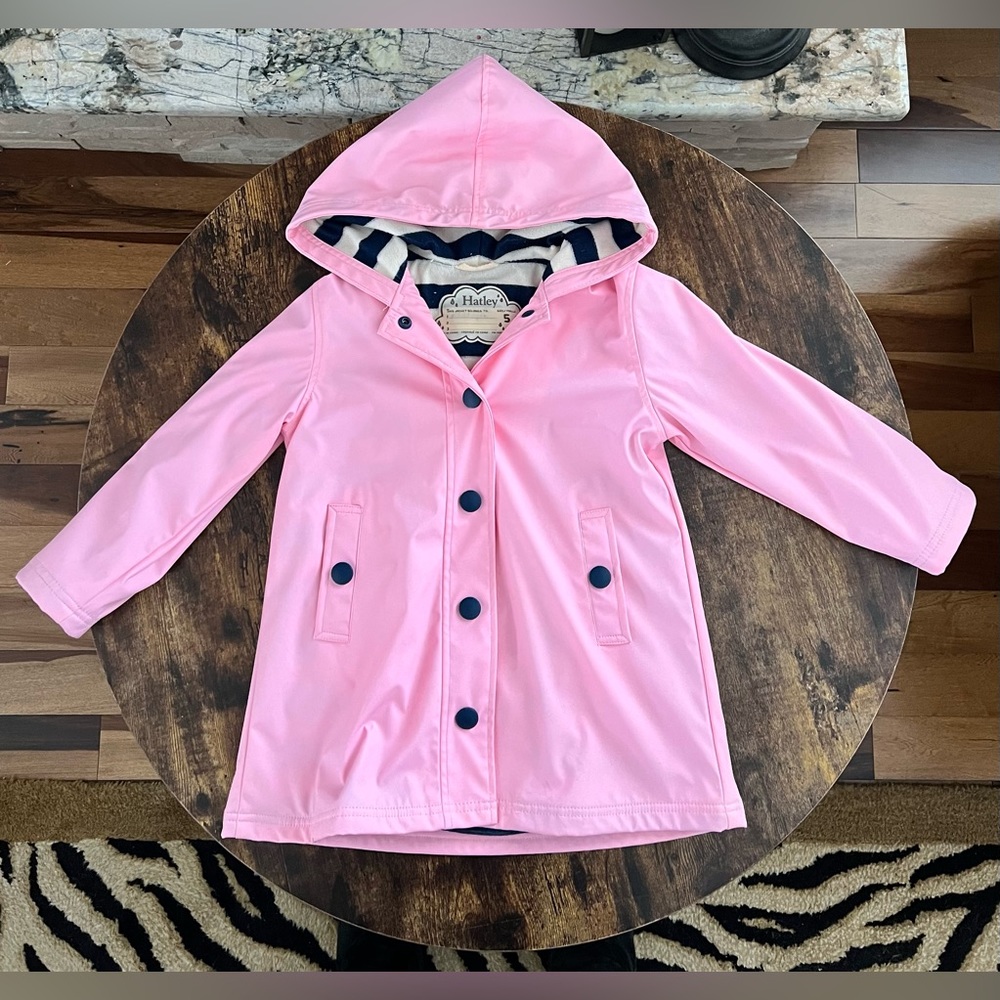 Hatley Pink Hooded Raincoat with Navy Trim